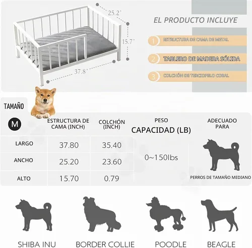 Vista 2 de OSCHF Cama para perros con rieles, marco de cama elevado de metal para mascotas con tabla de madera maciza y alfombrilla suave lavable para perros