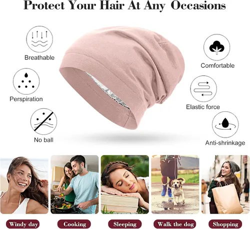 Vista 36 de 4 Pieces Satin Lined Beanie Cap Satin Sleep Lined Hat Slouchy Beanie Hat Night Silk Hair Cap for Women Men