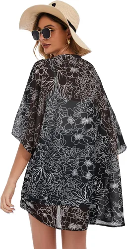 Vista 5 de Cárdigan tipo kimono de manga abombada con estampado floral para mujer, blusa informal