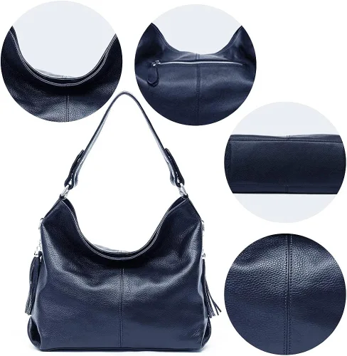 Vista 5 de Bolso de mano de piel auténtica con borla para mujer, color negro y blanco