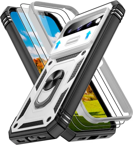 Vista 39 de Gritup Funda para Google Pixel 6 con cubierta deslizante para cámara y protector de pantalla (2 unidades), soporte de anillo giratorio 360°, funda