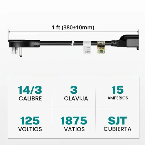 Vista 2 de FIRMERST 1875 W Cable de extensión de enchufe plano de 1 pie, 15A 14 AWG negro