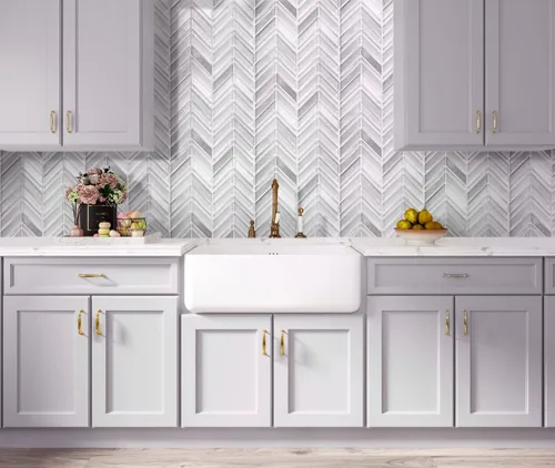 Vista 2 de Mosaico de vidrio Chevron de 10.4 x 10.4 pulgadas (muestra de muestra: 4 x 5 pulgadas) Swatch to check color & finish before ordering a full box.