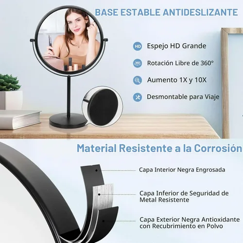 Vista 5 de Espejo de maquillaje de mesa de gran tamaño con aumento, espejo de tocador giratorio de 360° de doble cara de 9 pulgadas, espejo de aumento 1X/10X