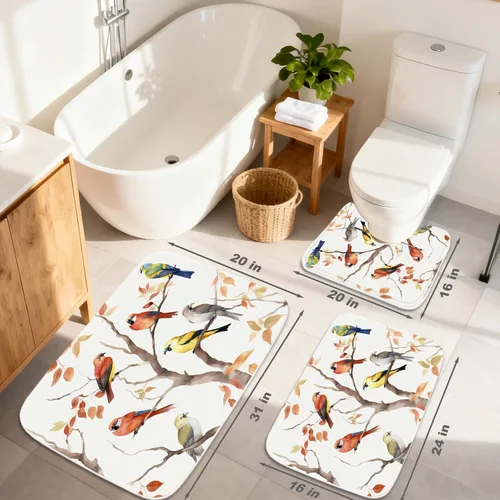Vista 2 de TheBlackSpot Juego de 3 alfombras de baño rústicas de primavera de granja, diseño botánico de pájaros, tapete de baño de espuma viscoelástica