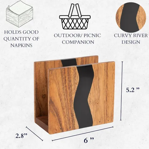Vista 3 de Servilletero de madera de acacia y resina epoxi transparente para mesa, organización rústica de servilletas de granja para cocina, comedor