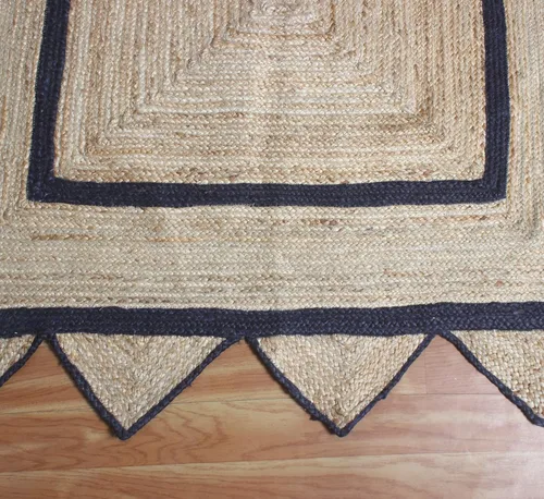 Vista 7 de Alfombra de borde festoneado, alfombra tejida a mano de yute natural, 2 x 3 pies, color beige y negro, alfombra de sisal trenzada Kilim para sala