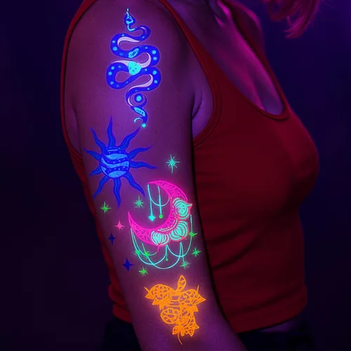 Vista 7 de Tatuajes temporales de neón UV, 12 hojas de tatuajes de fiesta que brillan en la oscuridad para adultos y niñas, patrones de doble vibración