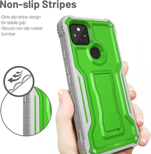 Vista 3 de FITO Funda para Google Pixel 5A, funda resistente a prueba de golpes de doble capa con protector de pantalla, soporte integrado (verde)