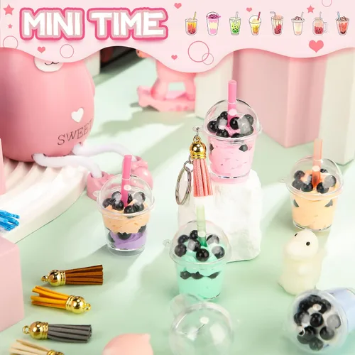 Vista 4 de Cunno 348 piezas de mini llaveros de té lechoso, accesorios de pegamento de té de burbujas, incluye anillos para llavero, mini taza, colgante