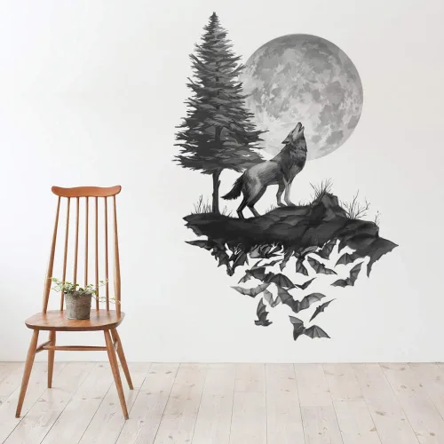Vista 2 de Runtoo Pegatinas de arte de pared con diseño de luna, decoración de pared negra para dormitorio y sala de estar para niños