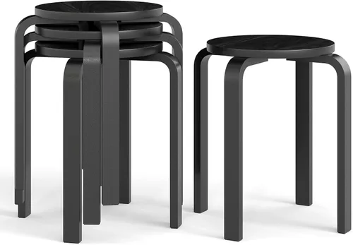 Vista 11 de COSTWAY Juego de 4 taburetes apilables de madera curvada, sillas de mostrador sin respaldo de 18 pulgadas de altura con parte superior redonda