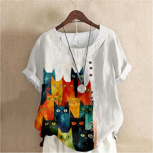 Vista 2 de domirica Flower Bird Printed Loose Boho Shirts Women Plus Size Summer Crew Neck Short Sleeve Blouses Colorido