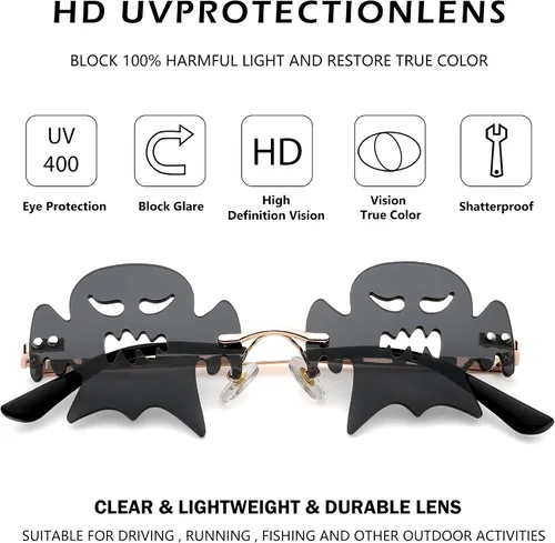 Vista 2 de DeBuff Gafas de sol de Halloween sin montura para mujeres y hombres, para fiesta, lindos bailes de graduación, cosplay, fuego, llama, estrella