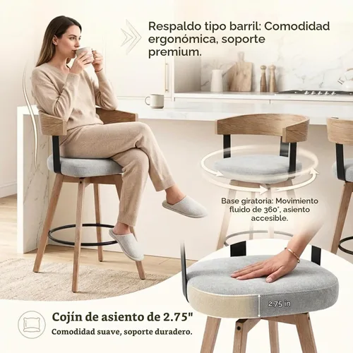 Vista 3 de HEAH-YO Taburete de bar giratorio 1 pieza, taburete de altura de mostrador de 26 pulgadas con respaldo de barril, gris, estilo moderno de mediados