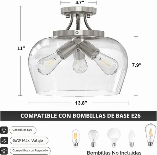 Vista 5 de VONLUCE Lámpara de techo semiempotrada, lámpara de techo de 13.8 pulgadas con pantalla de vidrio transparente, base E26, accesorio de iluminación