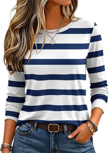 Vista 30 de Zeagoo Paquete de 3 camisetas de manga larga para mujer, estilo casual, suave, cuello redondo, básicas, ropa de otoño Z Rayas Azul 273