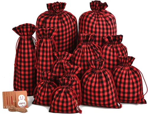 Vista 8 de XCFWin Paquete de 12 bolsas de regalo de Navidad con cordón, diseños reutilizables para suministros de fiesta de Navidad