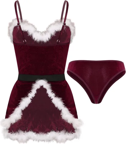 Vista 2 de TTAO Women Red Santa Lingerie Fur Trimed Babydolls Chemises Sexy Bustier Corset Top Bodysuit