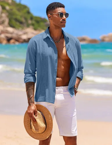 Vista 2 de COOFANDY Camisas de guayabera cubana para hombre, de manga larga, informal, con botones, de algodón, para la playa