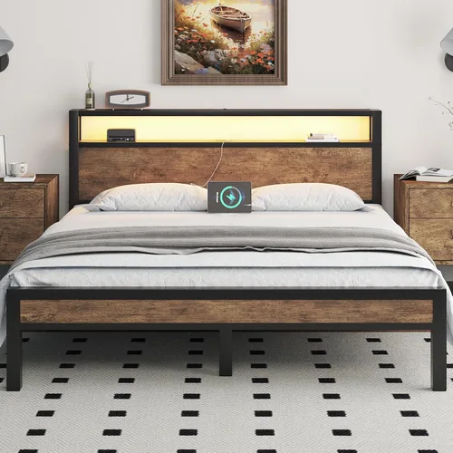 Vista 12 de LOEWAY Base de cama tamaño Queen con cabecero de almacenamiento y luces LED, color gris
