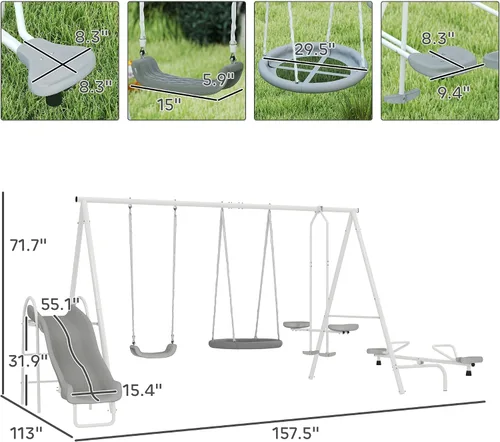 Vista 7 de Outsunny Juego de columpios de metal de 693 libras para niños, juego de Gris