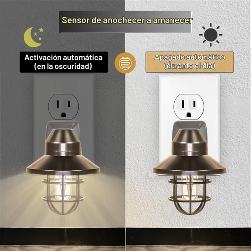 Vista 3 de Luz nocturna LED vintage enchufable a la pared con sensor de atardecer a amanecer, 2700 K, paquete de 2