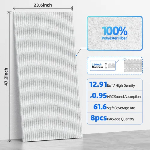Vista 6 de Paquete de 8 paneles acústicos grandes que absorben el sonido con autoadhesivo, 47.2 x 23.6 x 0.36 pulgadas, paneles de espuma a prueba de sonido