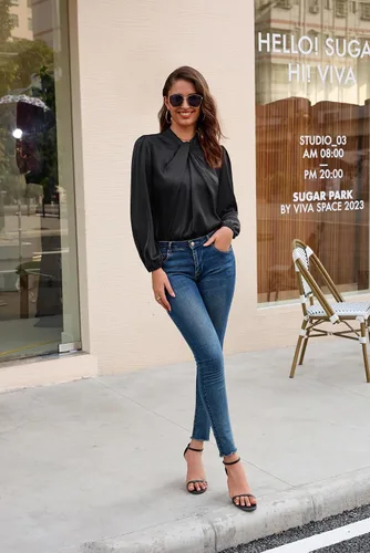 Vista 7 de GRACE KARIN Camisas de manga larga para mujer, cuello alto, blusa casual de satén para negocios, oficina, trabajo