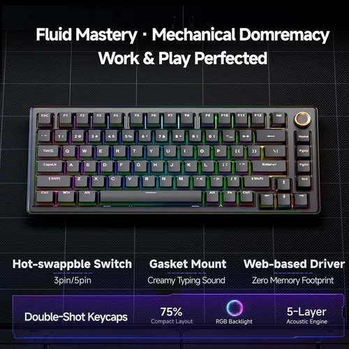 Vista 2 de TMKB Teclado mecánico con cable para juegos y mouse inalámbrico: T81E 75% Junta Teclado intercambiable en caliente con perilla + mouse Falcon M1