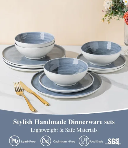 Vista 3 de LERATIO - Juego de vajilla de porcelana para 4, juegos de platos y tazones con borde ondulado, aptos para microondas, lavavajillas y horno