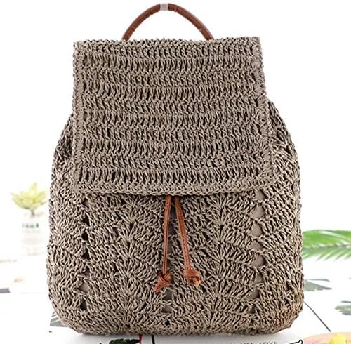 Vista 3 de Mochila tejida hecha a mano de paja mediana para mujer, con solapa, con cordón, bolsa de playa, Gris, Mochilas Daypack