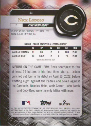 Vista 2 de 2022 Topps Gold Label Class 1#53 Nick Lodolo Cincinnati Reds Rookie Baseball Card - GotBaseballCards