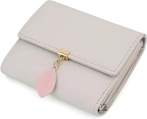 Vista 122 de UTO - Cartera pequeña RFID de piel sintética con dije de hoja, cierre de cremallera y tarjetero.
