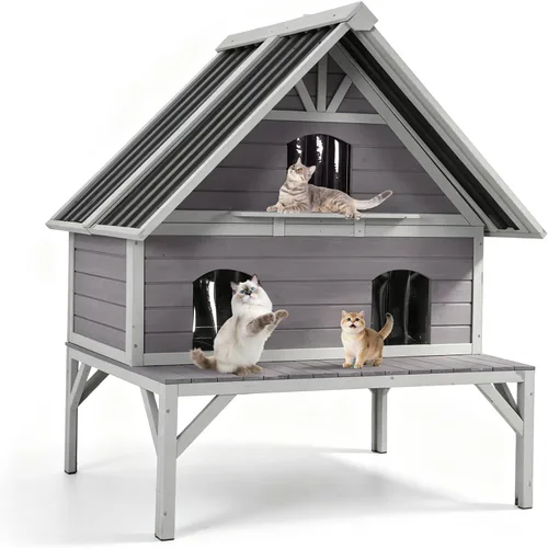 Vista 10 de Aivituvin Casa climatizada para gatos con forro aislado completo, refugio para gatos con puertas de escape, condominio resistente a la intemperie