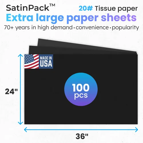 Vista 2 de IDL Packaging SatinPack - Hojas de papel de seda negro de 24 x 36 pulgadas, paquete de 100, duraderas 20# (33 GSM), hechas en Estados Unidos, hojas