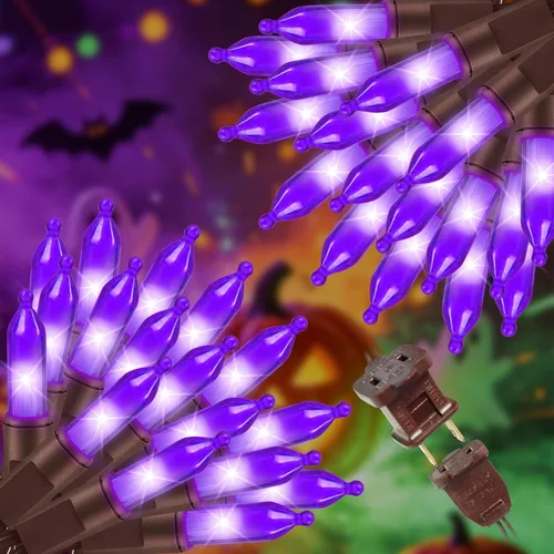Vista 22 de Juego de 100 luces moradas extra brillantes con conectores finales, luces decorativas de Halloween, 19.6 ft, certificación UL, mini tira de luces