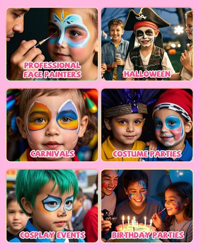 Vista 9 de Anka Bella Pintura facial profesional activada por agua, kit de pintura facial no tóxica para niños y adultos, incluye pastel de arcoíris, pastel
