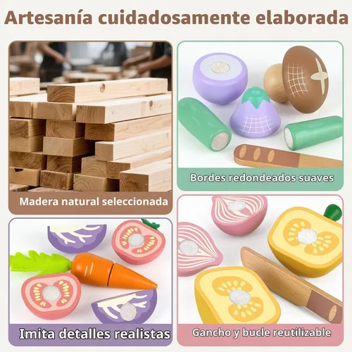 Vista 3 de Juegos de comida de madera para niños, juguetes de regalo de cumpleaños Veggie
