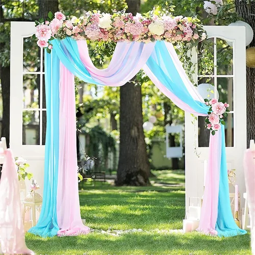 Vista 7 de Firlar Cortinas de arco de boda, cortina de telón de fondo transparente rosa de 18 pies, cortina de tela de gasa transparente, paneles drapeados