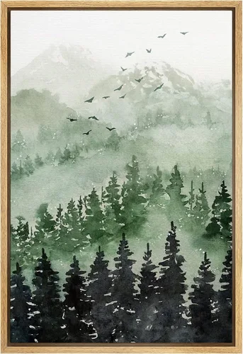 Vista 13 de SIGNWIN Lienzo enmarcado para pared, decoración de guardería de bosques, pájaros voladores, acuarela, montaña, bosque, naturaleza, arte moderno