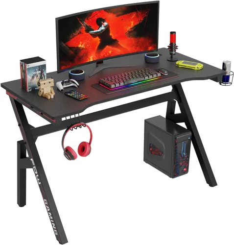 Vista 10 de PayLessHere Mesa de Juegos de 35" Azul Escritorio de Computadora en Forma de Z con Marco de Acero, Gancho para Auriculares, Pies Ajustables
