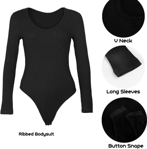 Vista 3 de GEMBERA Body de manga larga con cuello en V profundo para mujer, de punto acanalado, ajustado, básico Negro