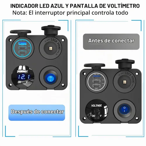 Vista 4 de Panel de Enchufe de Salida USB 12V: (4 en 1) Cargador USB C 12V de 58W Dual PD3.0 150W Enchufe de Encendedor de Cigarrillos Marino 12V Divisor