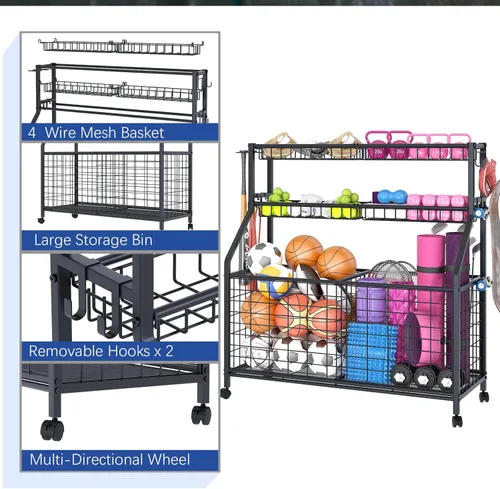 Vista 7 de Estante de almacenamiento de bolas, carrito organizador de equipo deportivo grande para garaje, gimnasio en casa, almacenamiento de equipo deportivo