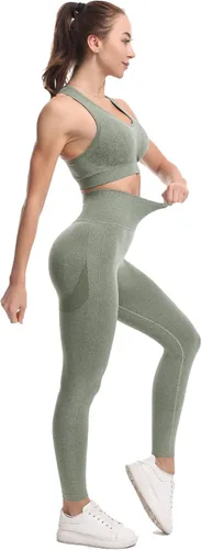 Vista 5 de JOJOANS Conjunto de entrenamiento de 2 piezas sin costuras para yoga leggings de cintura alta con brasier deportivo conjuntos de ropa de gimnasio
