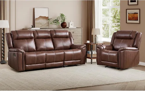 Vista 15 de EBELLO Sofá reclinable de cuero sintético de 3 plazas, sofá reclinable manual, silla de 3 asientos de estilo moderno de mediados de siglo con Marrón