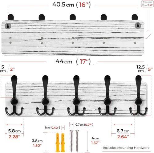 Vista 2 de Perchero rústico de pared – Perchero de pared de madera de pino maciza con 5 ganchos triples – Perchero premontado – 17 pulgadas de largo, 16