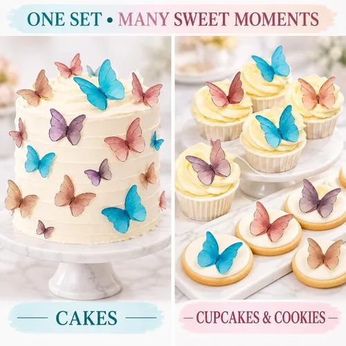 Vista 6 de Mariposas comestibles para decoración de pasteles, decoración comestible de arco iris para pasteles y cupcakes, mariposas de papel de oblea 5Colors-1