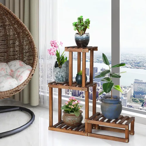 Vista 4 de Soporte de madera para plantas para interiores y exteriores, 4 niveles, estante para macetas esquineras, soporte para macetas para sala de estar